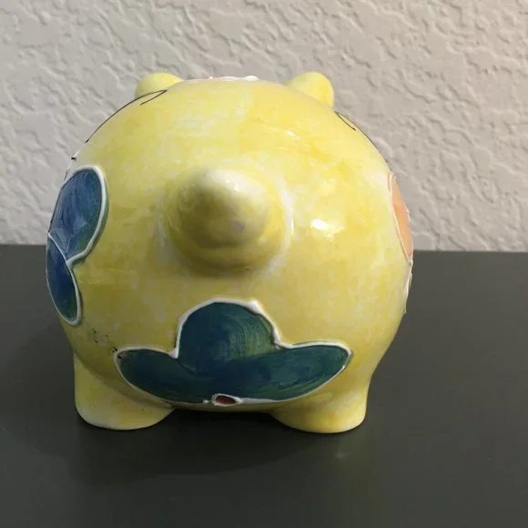 Piggy Bank Yellow Ceramic With butterfly Collectable - Picture 4 of 8